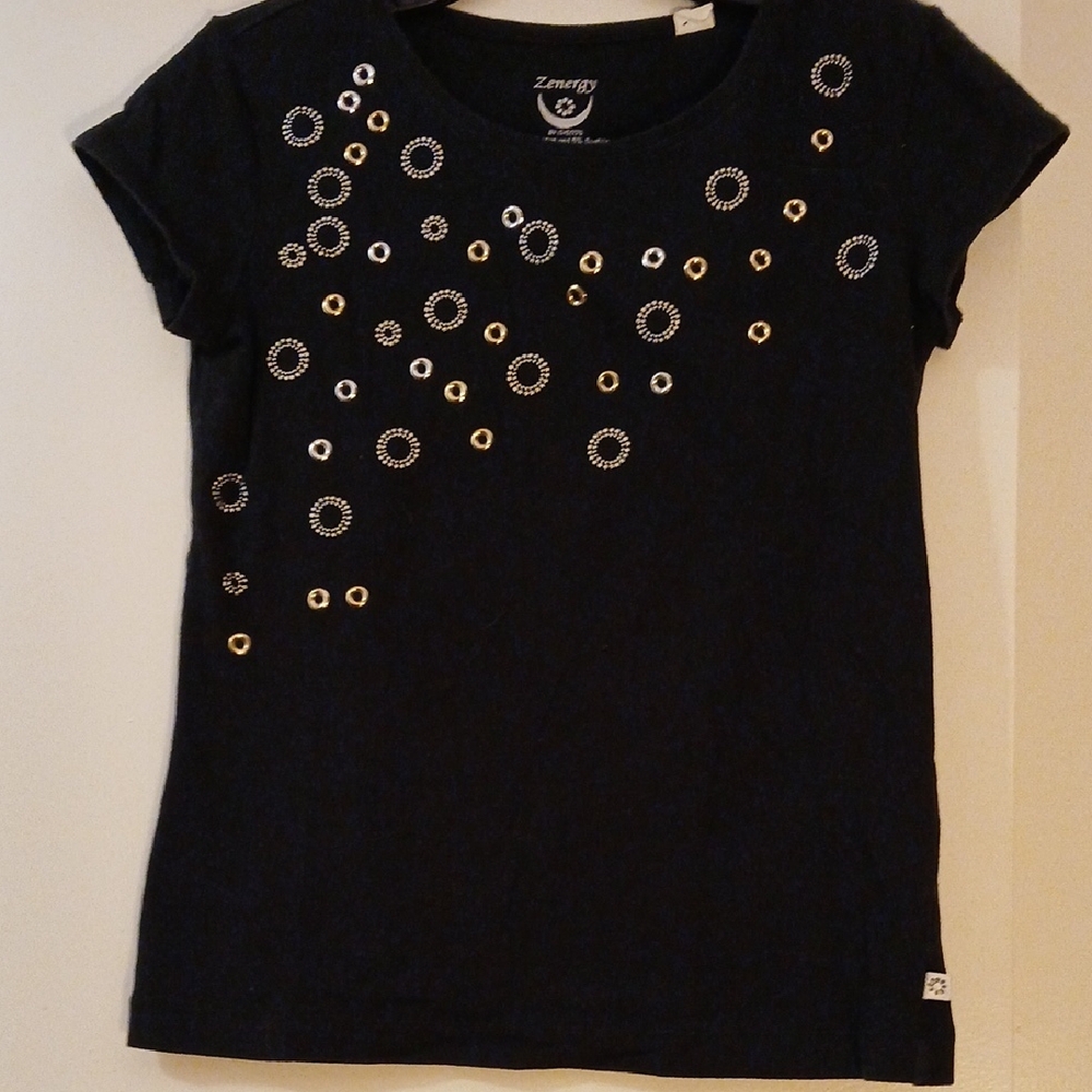Zenergy By Chico's Women's Black Tee with Gold And SILVER Embellishments, Size 0